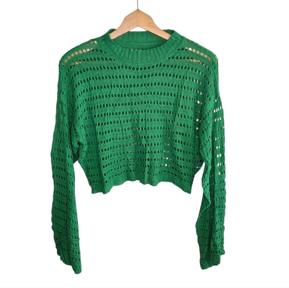 Shein Bright Green Crochet Open Weave Cropped Sweater Beach Vacation Large